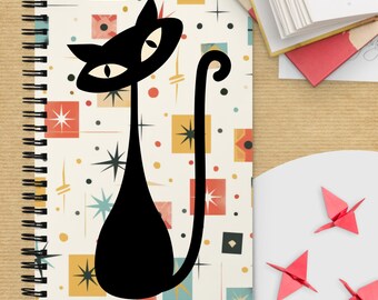 Atomic Cat Spiral Notebook (Front & Back Cover) – Mid-Century Modern Retro Cat Journal- Dotted Lines