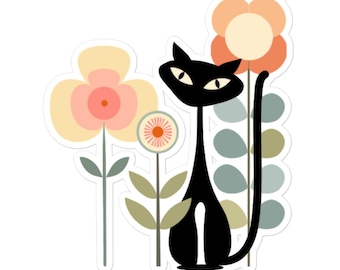 Retro Black Cat Floral Sticker