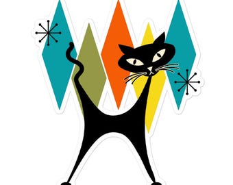 Atomic Cat Kiss-Cut Sticker – Mid Century Modern Black Cat Vinyl Decal - Retro Atomic Art - MCM Cat Lover Gift