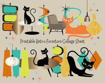 Printable Retro Mid Century Furniture Collage Sheet, PNG & JPG, | Digital Download