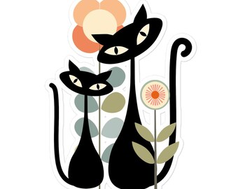 Retro Black Cats Floral Sticker - Laptop Water Bottle Sticker
