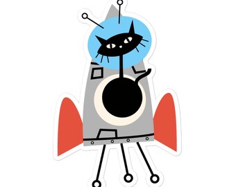 Retro Black Cat Rocket Sticker | Atomic Cat Vinyl Sticker | Retro Space Cat Kiss-Cut Sticker | MCM Cat Art