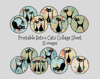 Retro Cats Cut Outs – Printable Vintage Cat Circles –1 PNG & 3 JPG files – Atomic Cat Clipart