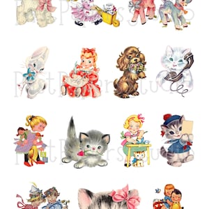 Vintage Kitsch Clip art , Printable Mid Century Animals and Children, Instant Download, JPG, PNG image 3