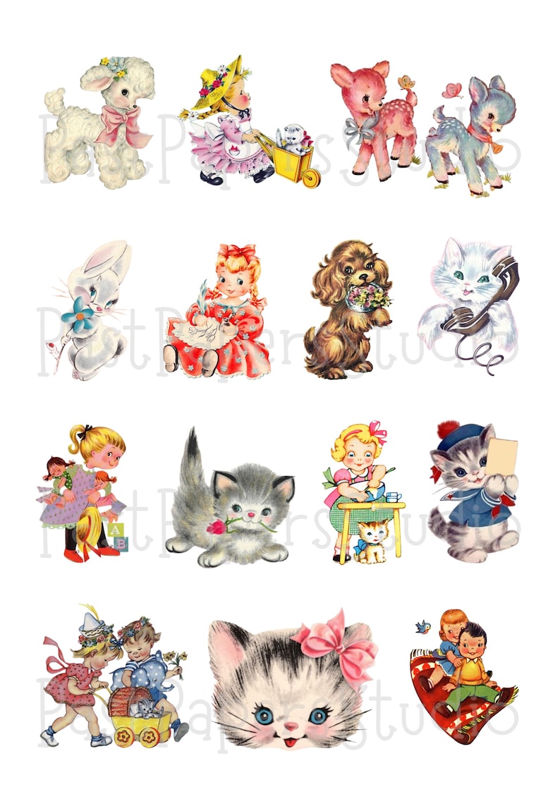 Vintage Kitsch Clip art , Printable Mid Century Animals and Children, Instant Download, JPG, PNG image 3