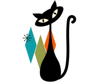 Atomic Cat Kiss-Cut Sticker – Mid Century Modern Black Cat Vinyl Decal - Retro Atomic Art - MCM Cat Lover Gift