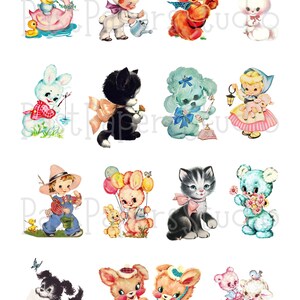 May include: A selection of vintage illustrations showcasing charming animals and children. The images include a bear, bunny, kitten, and other cute characters, each with unique accessories and details. The colour palette is soft and pastel.