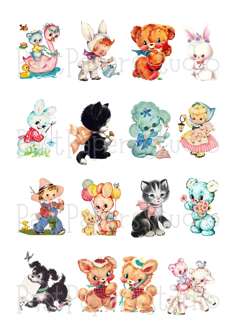 May include: A selection of vintage illustrations showcasing charming animals and children. The images include a bear, bunny, kitten, and other cute characters, each with unique accessories and details. The colour palette is soft and pastel.