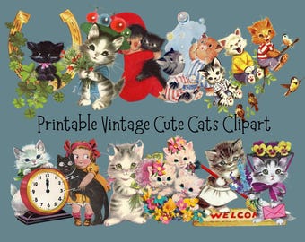 May include: A vintage-style digital collage featuring numerous cartoon cats in various poses. Some cats hold flowers, while others are dressed in clothing. The image includes a clock, a horseshoe, and the text "Printable Vintage Cute Cats Clipart."