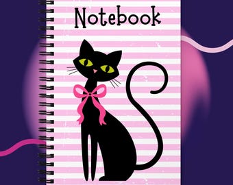 Pink Atomic Cat Notebook – Retro Black Cat Journal (Front & Back Cover) - Dotted Lines