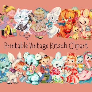 Vintage Kitsch Clip art , Printable Mid Century Animals and Children, Instant Download, JPG, PNG image 1