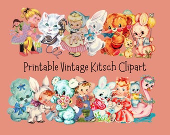 Vintage Kitsch Clip art , Printable Mid Century Animals and Children, Instant Download, JPG, PNG