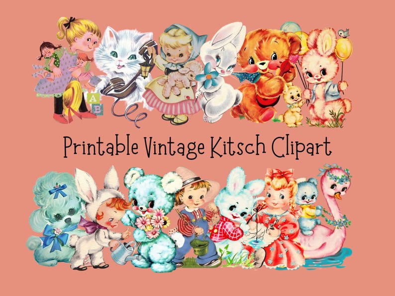 Vintage Kitsch Clip art , Printable Mid Century Animals and Children, Instant Download, JPG, PNG image 1