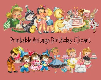 Vintage Birthday Clip art, Printable Mid-Century Kids and Animals, JPG, PNG