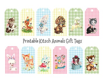 Afdrukbare cadeaukaartjes kitsch dieren – vintage stijl schattige dierenkaartjes – A4 JPG-download