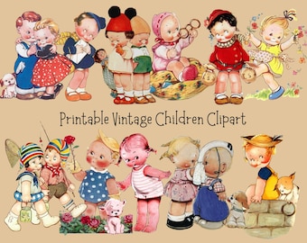 Vintage Children Clipart Bundle - Printable Retro Kids Illustrations -PNG & JPG