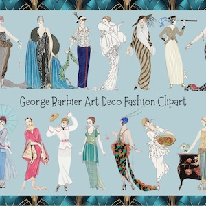 Puede incluir: Impresión de arte digital con ilustraciones de moda Art Déco de George Barbier. Las imágenes muestran mujeres elegantes con varios atuendos elegantes, sobre un fondo azul claro con un borde decorativo.