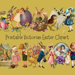 Puede incluir: Un collage digital con ilustraciones vintage de temática de Pascua. La imagen incluye niños, conejos, pollitos y elementos florales, todo sobre un fondo amarillo mostaza. El texto dice "Printable Victorian Easter Clipart".