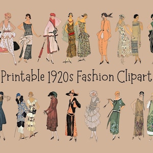 Puede incluir: Clipart de moda imprimible de los años 1920 con ilustraciones de mujeres con vestidos y atuendos de la época flapper. La imagen incluye una variedad de colores y estilos, con el texto "Printable 1920s Fashion Clipart" en la parte inferior.