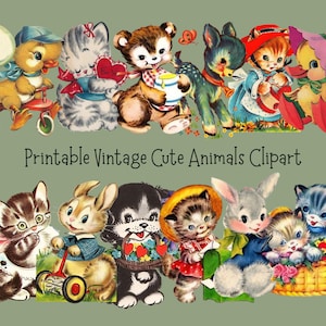 May include: A selection of vintage clipart featuring adorable animals. The image showcases a duck on a tricycle, cats, a bear, a deer, and a rabbit, all dressed in charming attire. The text "Printable Vintage Cute Animals Clipart" is visible.