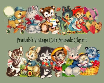 May include: A collection of vintage-style clipart featuring various cute animals. The image includes a duck on a tricycle, cats, a bear, a deer, and a rabbit, all in charming outfits. The text "Printable Vintage Cute Animals Clipart" is displayed.