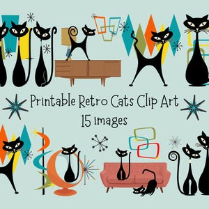 Puede incluir: Una colección de imágenes prediseñadas de gatos negros de estilo retro con elementos de diseño moderno de mediados de siglo. Las imágenes incluyen gatos estilizados, formas geométricas y el texto "Printable Retro Cats Clip Art 15 images" sobre un fondo azul claro.