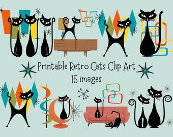 Atomic Cat Clip Art Bundle, Mid Century Modern Cat, jpg, png