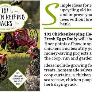 May include: A book cover with a white background and the title "101 Chicken Keeping Hacks" in black text. The cover also features two chickens, one black and white and one brown, and a basket of leafy greens. The text "From Fresh Eggs Daily" is below the title.