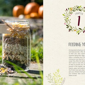 May include: A glass jar filled with a variety of grains, seeds, and nuts. The jar is labeled "Chapter 1: Feeding Your Chickens". The text explains the importance of feeding chickens a balanced diet and provides tips on how to create a homemade chicken feed.