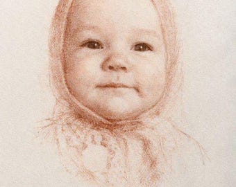 Anpassad babyporträttteckning - Handgjord blyertsskiss - Personlig nyföddpresent - Handritad babyillustration
