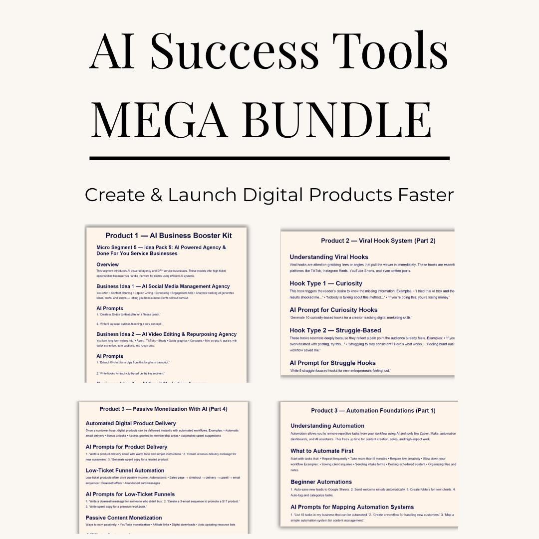 AI Success Tools Mega Bundle Digital Product Business Templates ChatGPT Prompts Content Creator Toolkit Canva + Notion Templates