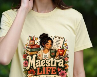 Maestra Life Shirt Spanish Teacher Tee Appreciation Gift For Women Bilingual Teacher Life Cotton T-shirt Latina Educator Gift Cafecito Shirt