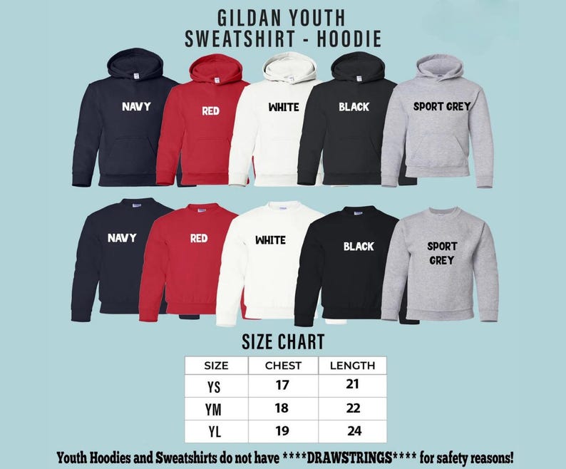 Puede incluir: Una exhibici&oacute;n de sudaderas con capucha y sudaderas para j&oacute;venes en azul marino, rojo, blanco, negro y gris deportivo. La imagen incluye una tabla de tallas con medidas de pecho y largo en cm. El texto dice "GILDAN YOUTH SWEATSHIRT - HOODIE".
