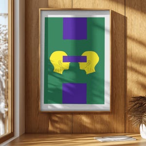 May include: Framed art print featuring a green background with two yellow head silhouettes facing each other, each with a purple rectangle covering their eyes. The print also includes two purple rectangles and the text "ArtFactoryLines".