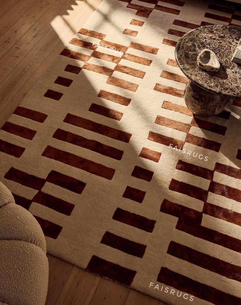 Handmade Wool Rug, Terracotta & Cream Geometric Abstract Design - Etsy