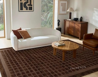 Brown Hand Tufted Wool Rug, Modern Grid Area Rug, Minimalist Geometric Carpet,