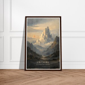 May include: A framed art print depicting a landscape with a distant city, mountains, and a warm colour palette. The artwork includes the text "URITHIRU THE STORMLIGHT ARCHIVE". The frame is dark brown. The print is displayed on a wooden floor.