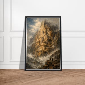 May include: A framed print of a fantasy landscape featuring a towering castle built into a mountain. The artwork depicts a detailed, sunlit fortress with multiple levels, surrounded by clouds and rocky terrain. Two figures stand on a rocky outcrop in the foreground.