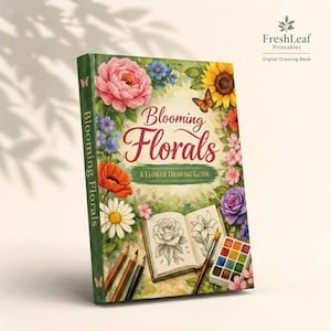 Può includere: Un libro con il titolo "Blooming Florals: A Flower Drawing Guide" con un design floreale sulla copertina, tra cui una peonia rosa, un girasole e una farfalla. Il libro è aperto per mostrare un disegno di rosa e acquerelli.