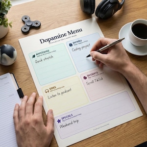 May include: A person writing on a "Dopamine Menu" on a wooden desk. The menu includes sections for appetizers, entrées, sides, desserts, and specials. A black headset, a cup of coffee, and a fidget spinner are also on the desk.