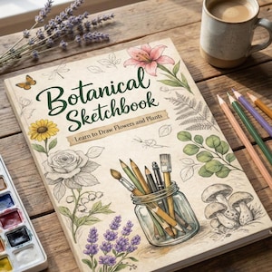 May include: A botanical sketchbook titled "Botanical Sketchbook" with the subtitle "Learn to Draw Flowers and Plants" lies open on a wooden table. The cover displays floral illustrations, pencils, and paintbrushes. A coffee cup and coloured pencils are also present.