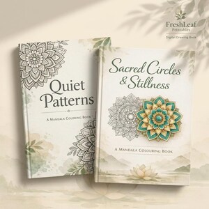 以下が含まれることがあります： 「Quiet Patterns」と「Sacred Circles & Stillness」というタイトルの2冊のマンダラ塗り絵。本には花のマンダラデザインと「A Mandala Coloring Book」と「A Mandala Colouring Book」というテキストがあります。画像には「FreshLeaf Printables Digital Drawing Book」というテキストも含まれています。