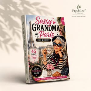以下が含まれることがあります： 「Sassy Grandma in Paris」というタイトルの塗り絵。グレーの髪、サングラス、ストライプのシャツを着た女性がカップを持っているイラストが描かれています。表紙にはエッフェル塔、ピンクの花、クロワッサン、45ページという記載があります。