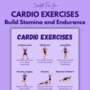 Puede incluir: Infografía púrpura que presenta "EJERCICIOS CARDIO" con ilustraciones de saltos de tijera, rodillas altas y otros ejercicios. El texto explica cómo realizar cada ejercicio para desarrollar la resistencia.
