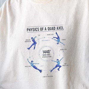 May include: Cream-colored t-shirt featuring a diagram of a quad axel figure skating jump. The diagram includes text and illustrations showing the physics of the jump, including angular momentum and torque. The text reads "PHYSICS OF A QUAD AXEL" and "1440° QUAD AXEL 4 REVOLUTIONS."