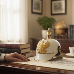 May include: A white and gold Prussian Pickelhaube helmet with a gold eagle emblem sits on a desk with a stack of books and a teacup. The helmet has a gold spike on top. A hand rests on a blueprint.