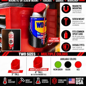May include: A black magnetic spray can holder mounted on a red toolbox, holding a blue and yellow WD-40 can. The graphic displays features like magnetic or screw mounting, PETG material, and two sizes: a 3-inch standard and a 4-inch heavy-duty version.