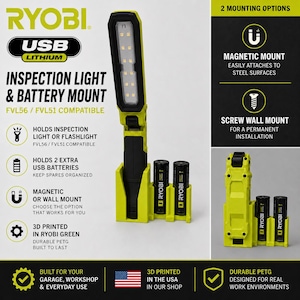 May include: A lime green and black 3D printed inspection light and battery mount compatible with Ryobi USB Lithium batteries. The unit features a vertical slot for a flashlight and two side slots for spare batteries, with magnetic or screw wall mounting options.