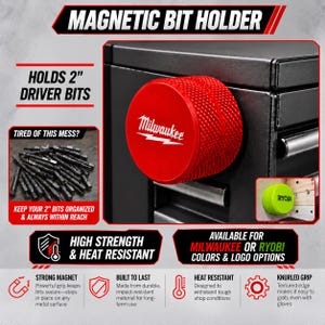 May include: A red cylindrical magnetic bit holder with a knurled grip and the Milwaukee logo, designed to hold 2-inch driver bits. The product is shown attached to a black metal surface, with additional text highlighting its heat resistance.