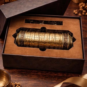 May include: A vintage-style brass cipher cylinder with rotating rings of letters and numbers, presented in a dark brown box with a velvet-like interior. The cylinder is a puzzle or a secret message device.